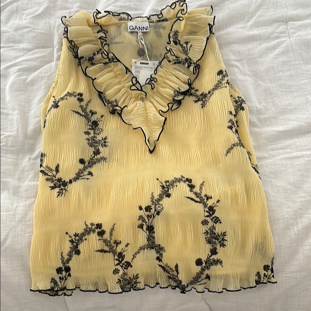 NWT Ganni Yellow and Black Floral Ruffle Blouse